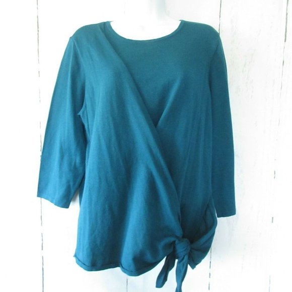 J. Jill Sweaters - J Jill Sweater L Large Petite Green Faux Wrap Tie Front 3/4 Sleeve